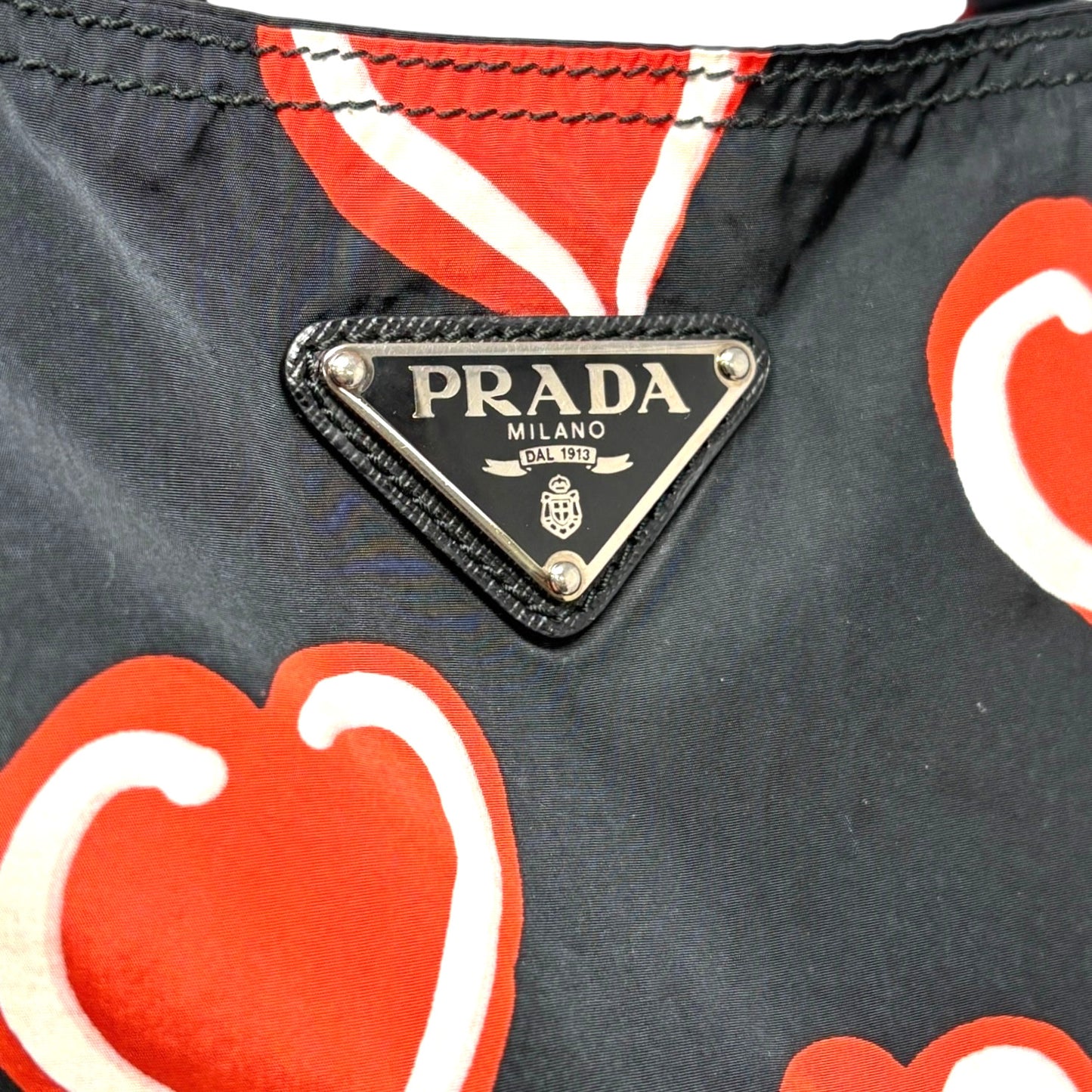 PRADA Vintage Logo Heart Pattern Print Tote Bag Handbag Pouch Black Red Nylon