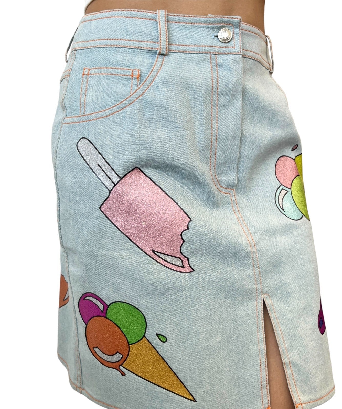 Christian Dior Vintage 2002 Glitter Denim Skirt Ice Cream Print #38 Blue Cotton
