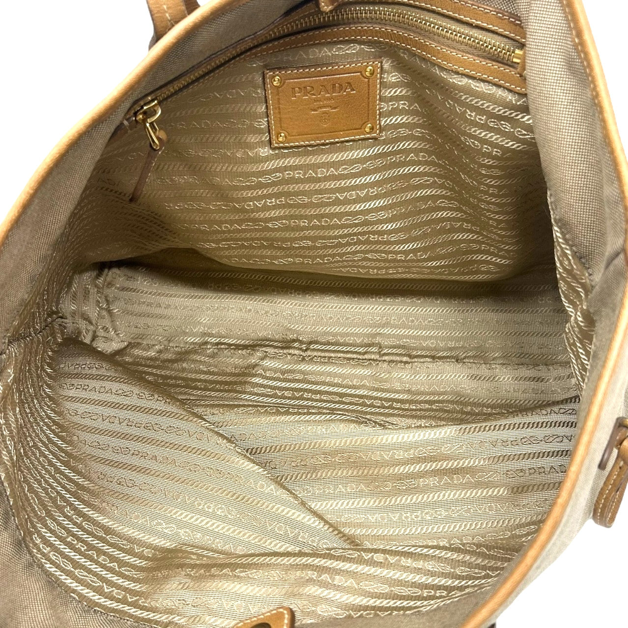 PRADA Vintage Logo Jacquard Shoulder Tote Bag Beige Brown Canvas Leather