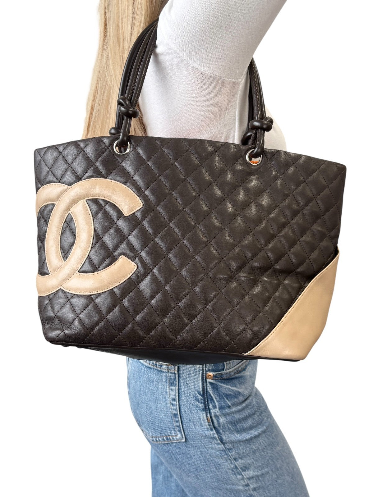 CHANEL Vintage Cambon Line CC Logo Quilted Tote Bag Brown Beige Leather