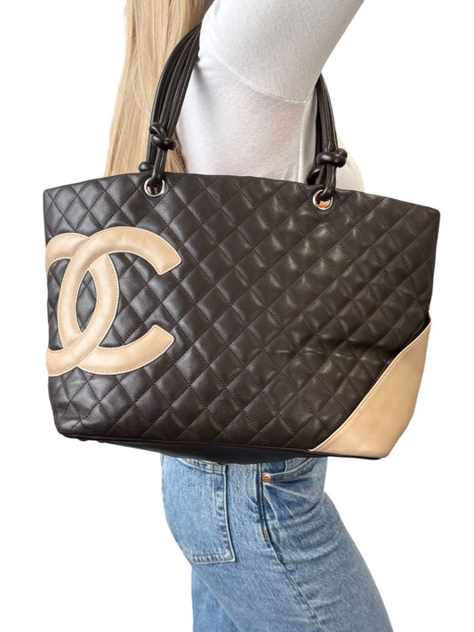 CHANEL Vintage Cambon Line CC Logo Quilted Tote Bag Brown Beige Leather