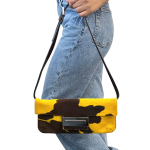 FENDI Vintage Cow Mamma Baguette Body Shoulder Bag Yellow Calf Hair Rank AB+