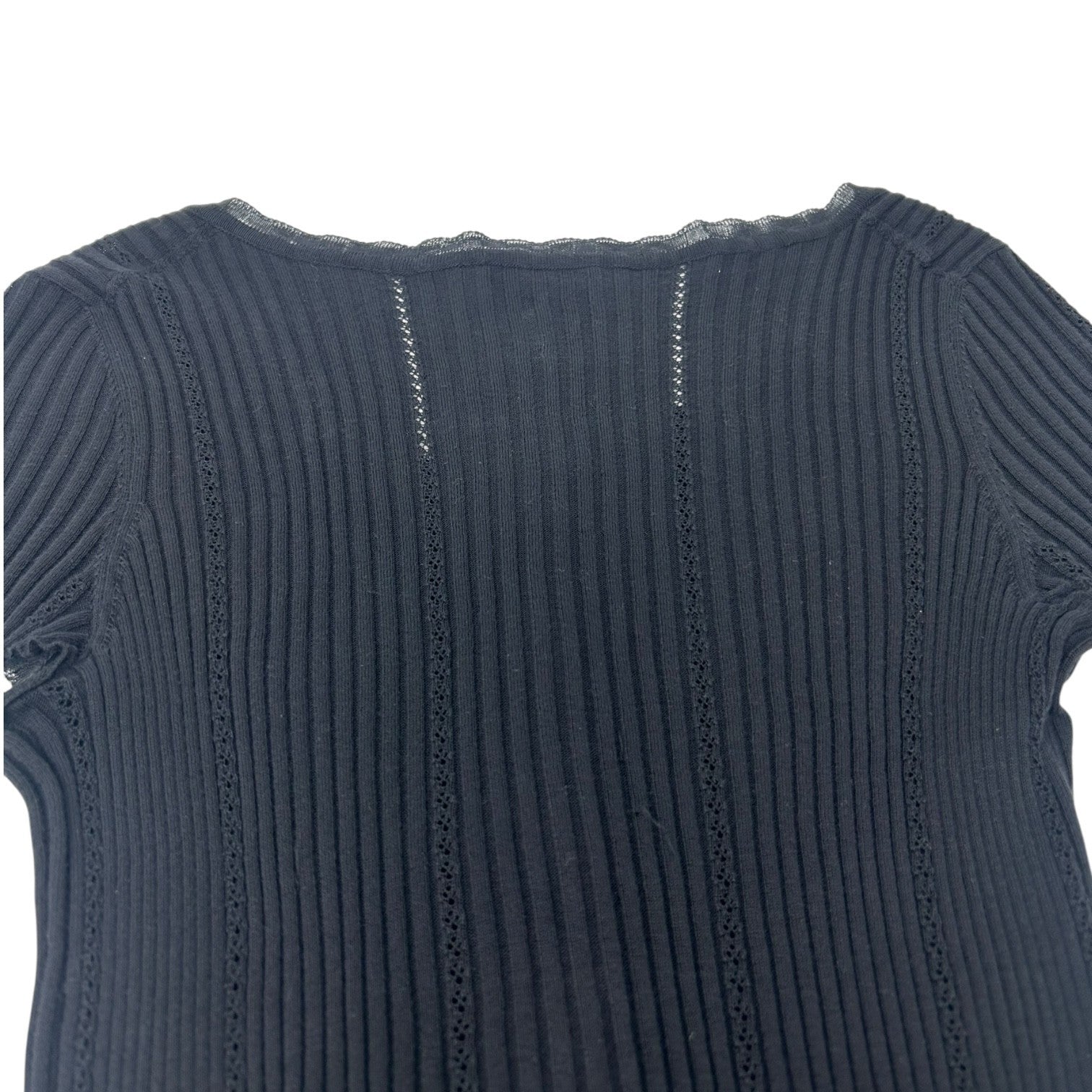 CHANEL Vintage 08P CC Logo Rib Knit Top #34 Black Cotton Silver Short Sleeve