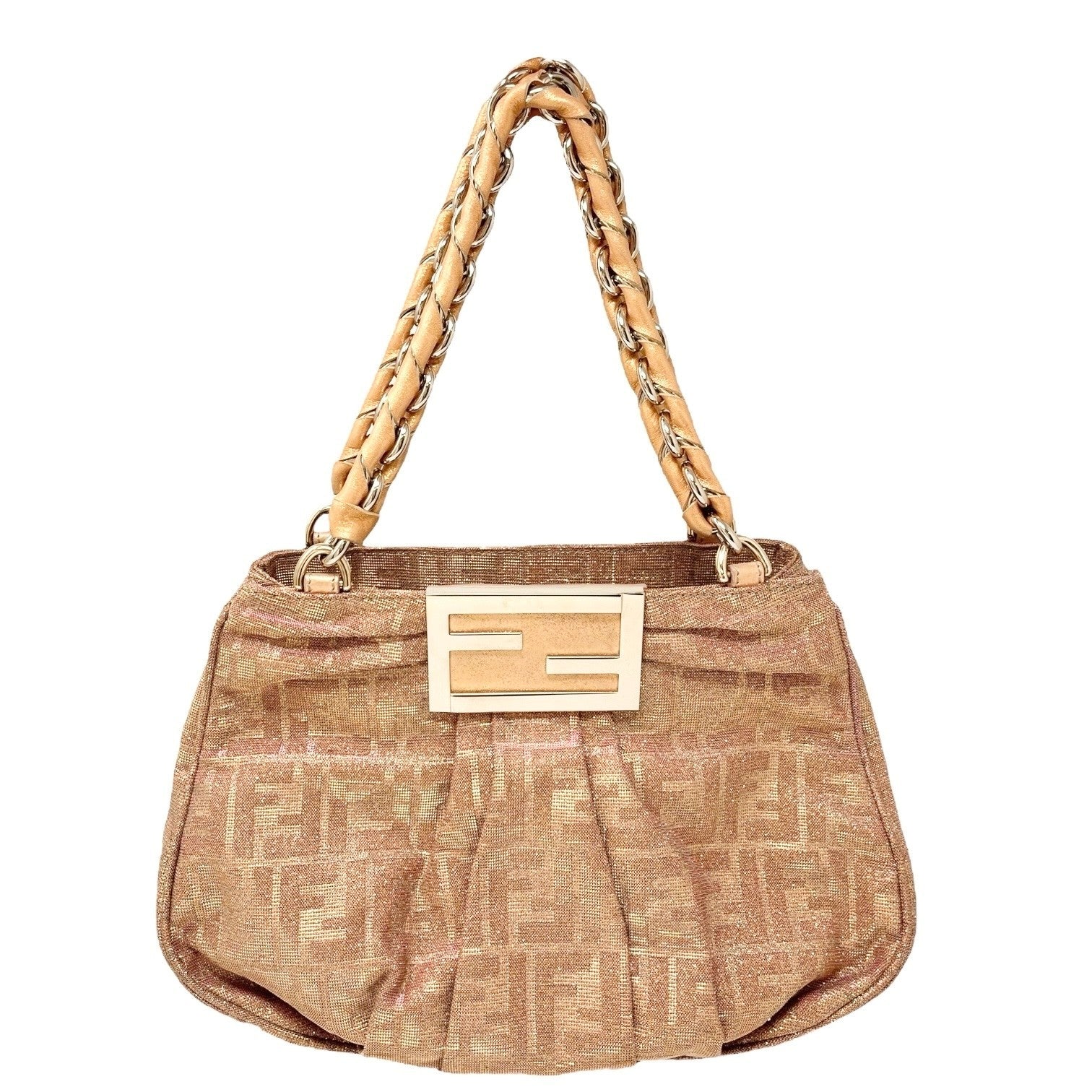 FENDI Vintage FF Logo Zucca Monogram Shoulder Bag Glitter Pink Beige Cotton