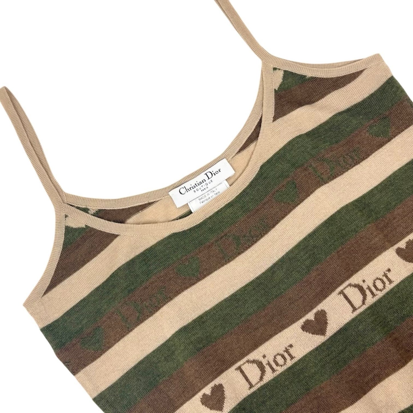 Christian Dior Vintage Stripe Heart Knit Camisole Top #38 Khaki Brown 902085