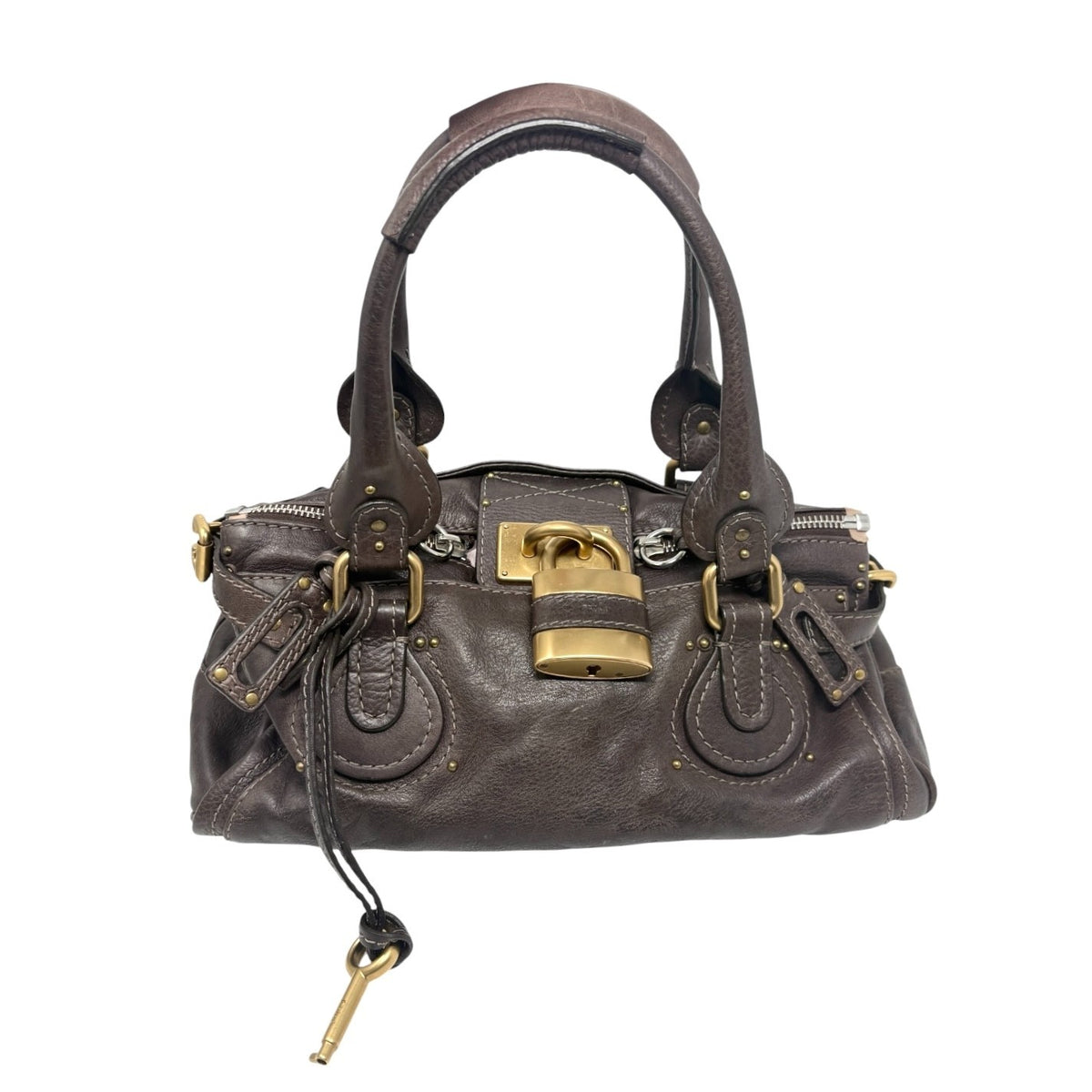 Chloe Vintage Paddington Padlock Key Boston Bag Leather Brown Gold 902317