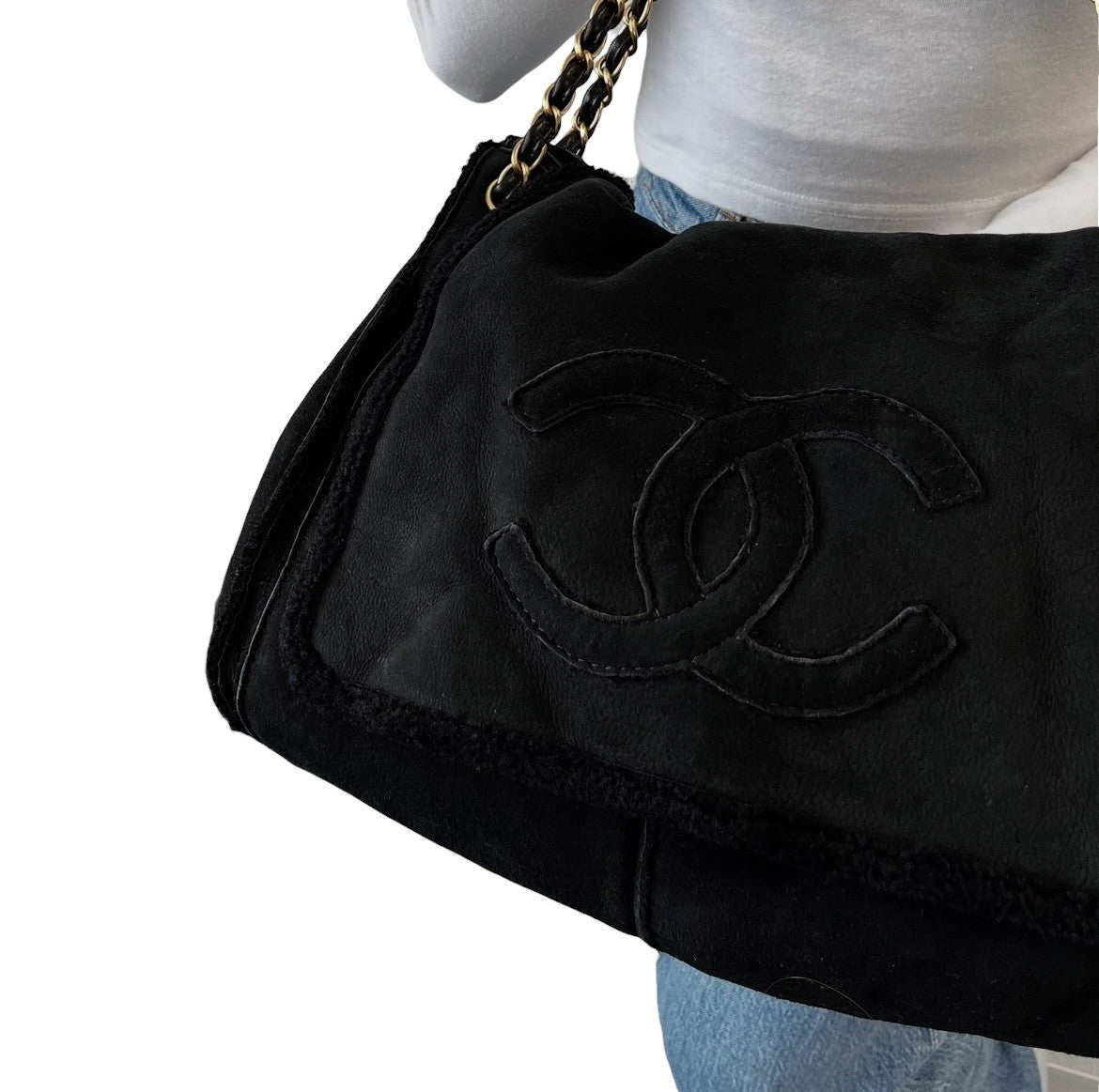 CHANEL Vintage CC Big Logo Shearling Chain Shoulder Bag Black Gold Suede Mouton