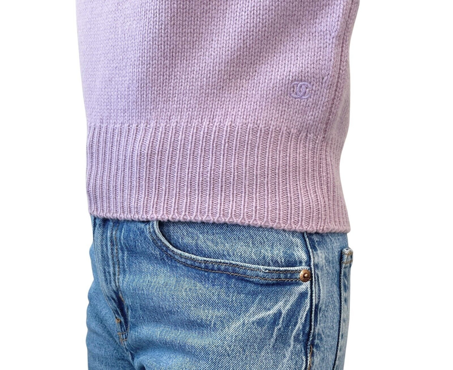 CHANEL Vintage CC Mark Logo Knit Sweater Top Short Sleeve Cashmere Purple