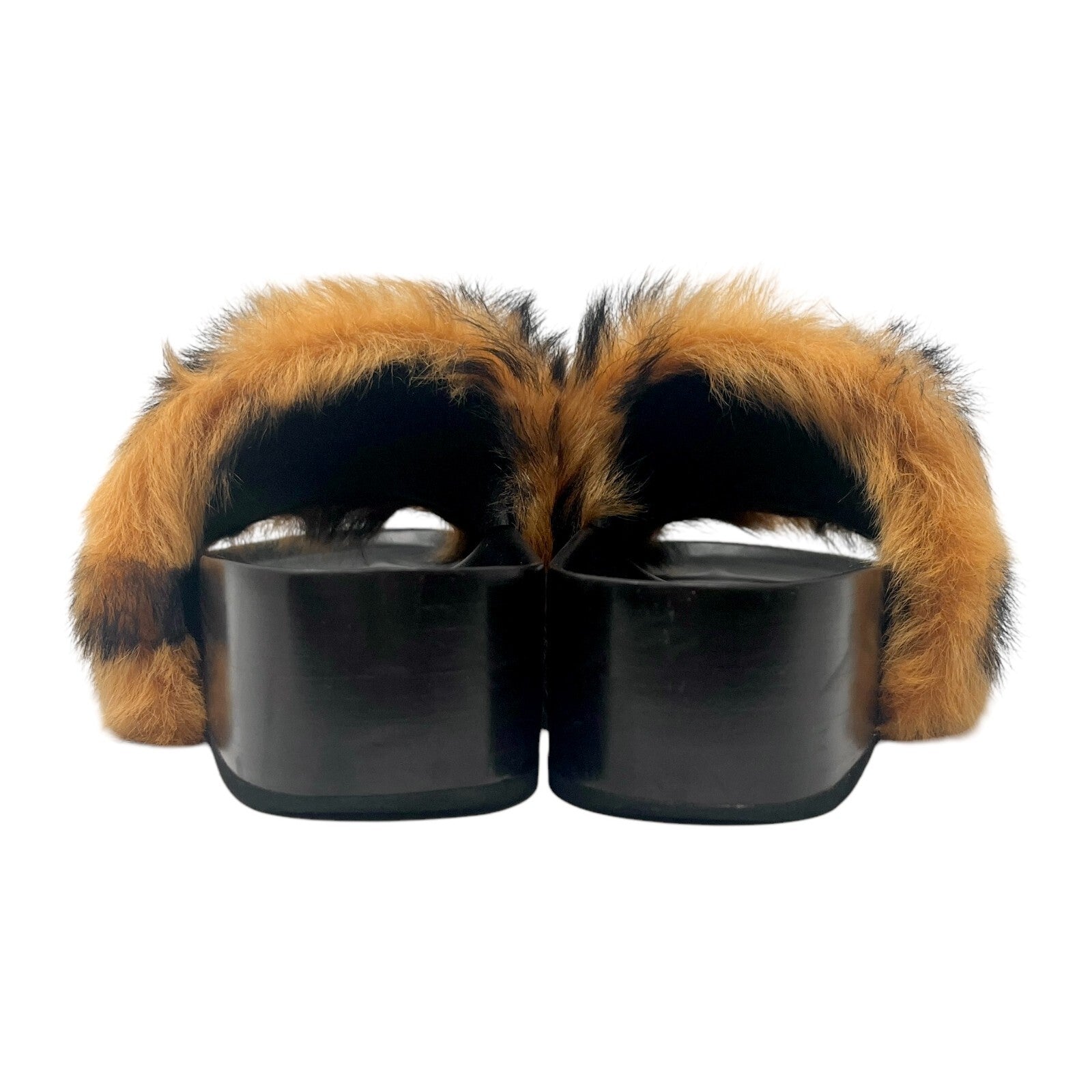 CELINE Vintage Logo Animal Print Faux Fur Sandals #37-37.5 Black Orange