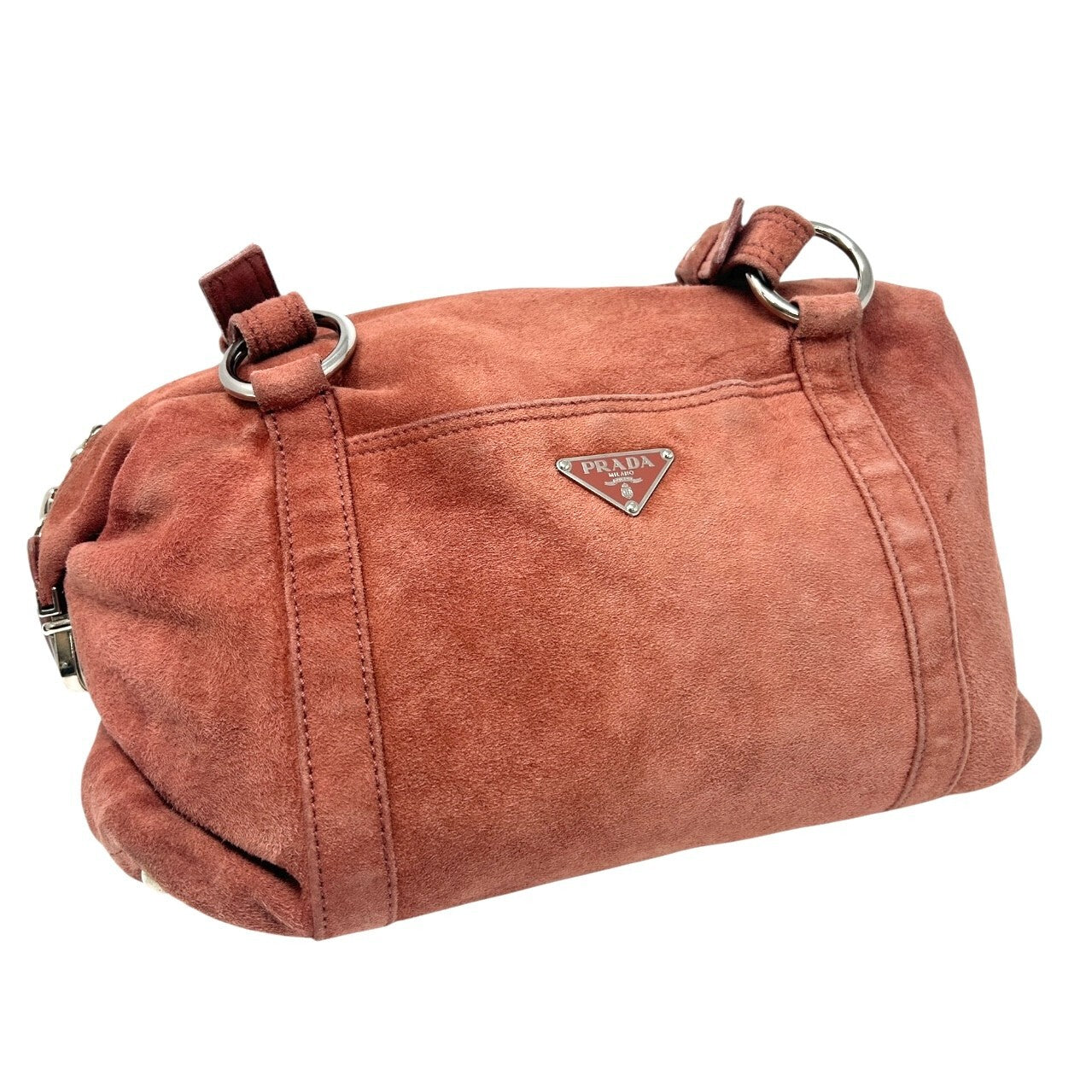PRADA Vintage Logo Shoulder Bag Tote Red Brown Silver Handbag Suede Zip