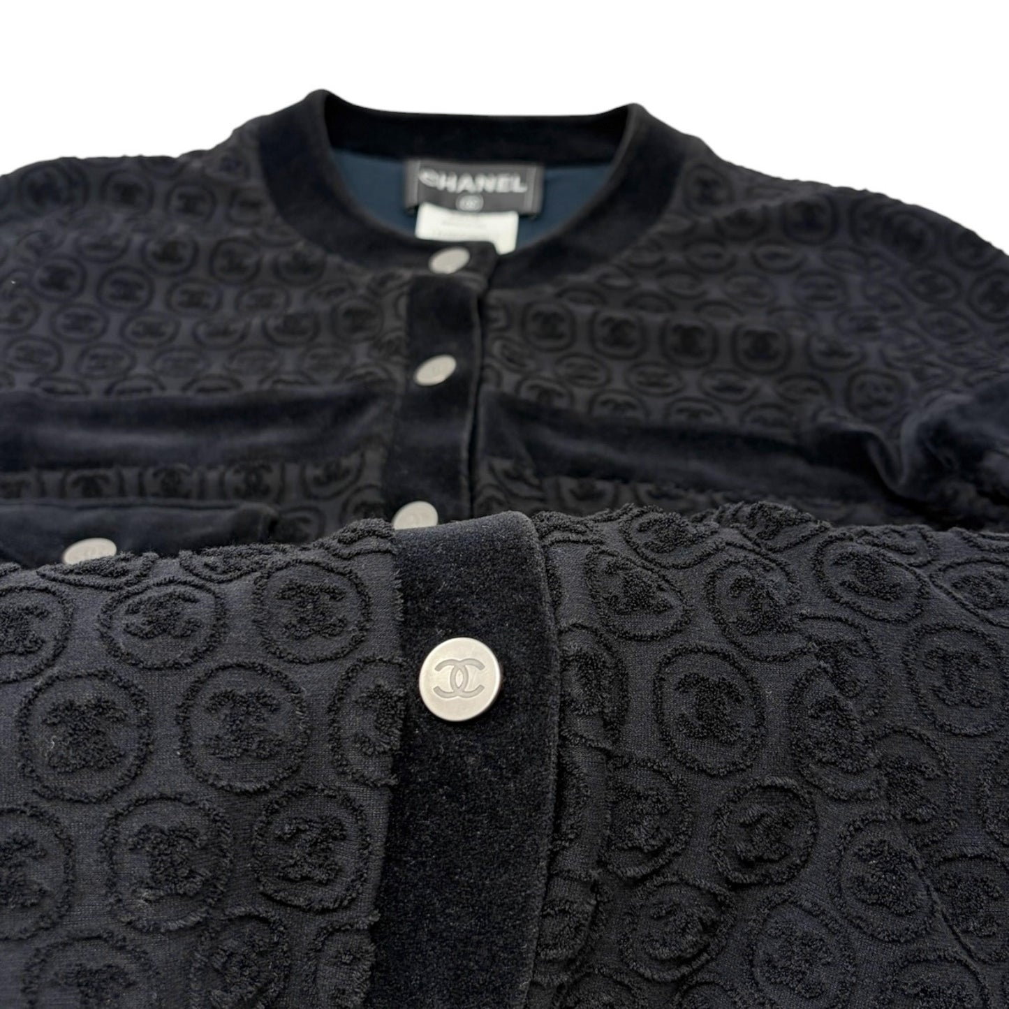 CHANEL Vintage P41364 CC Logo Button Velour Knit Cardigan Jacket #34 Black