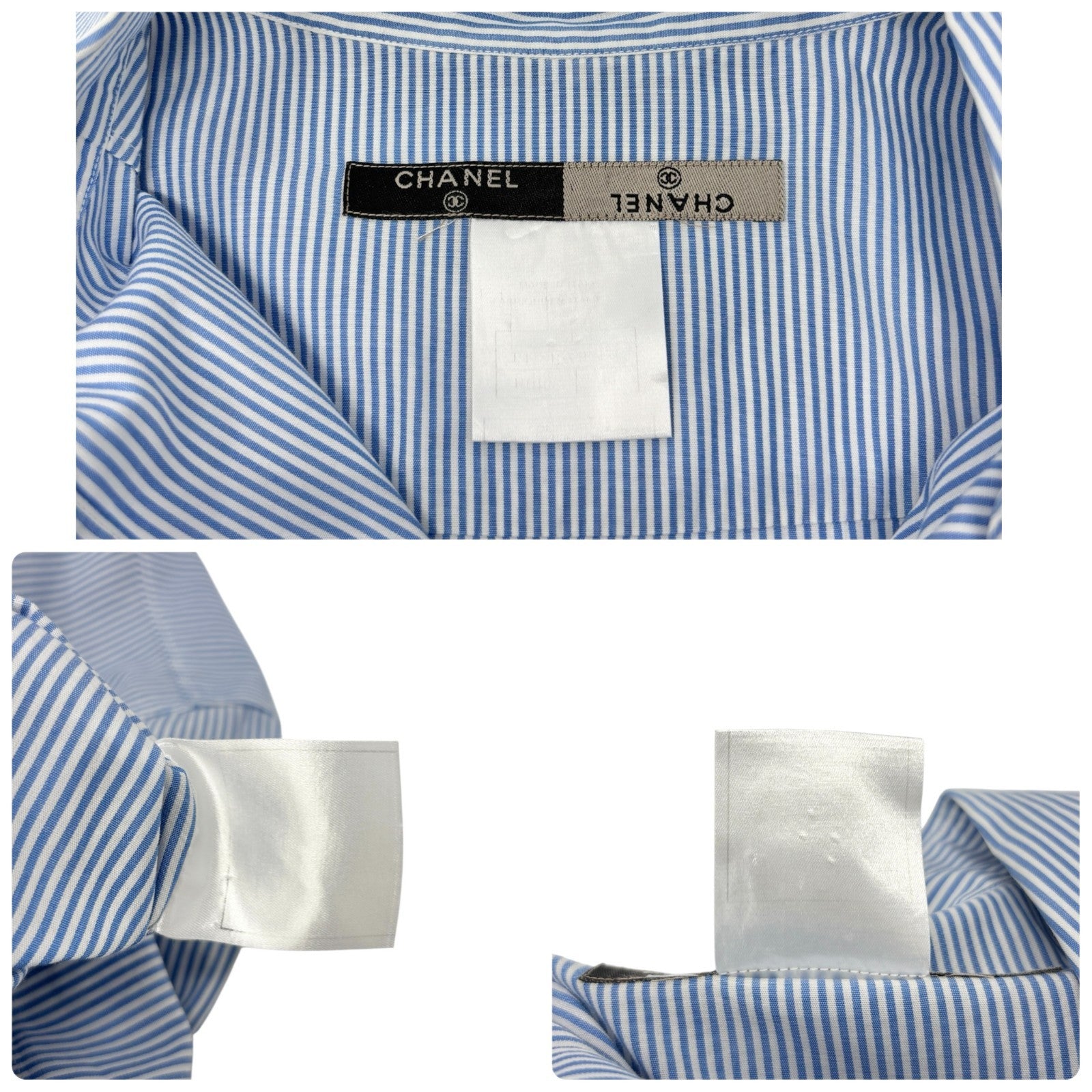 CHANEL Vintage 99P CC Logo Shirt Top #40 Button Up Stripe Blue Short Sleeve