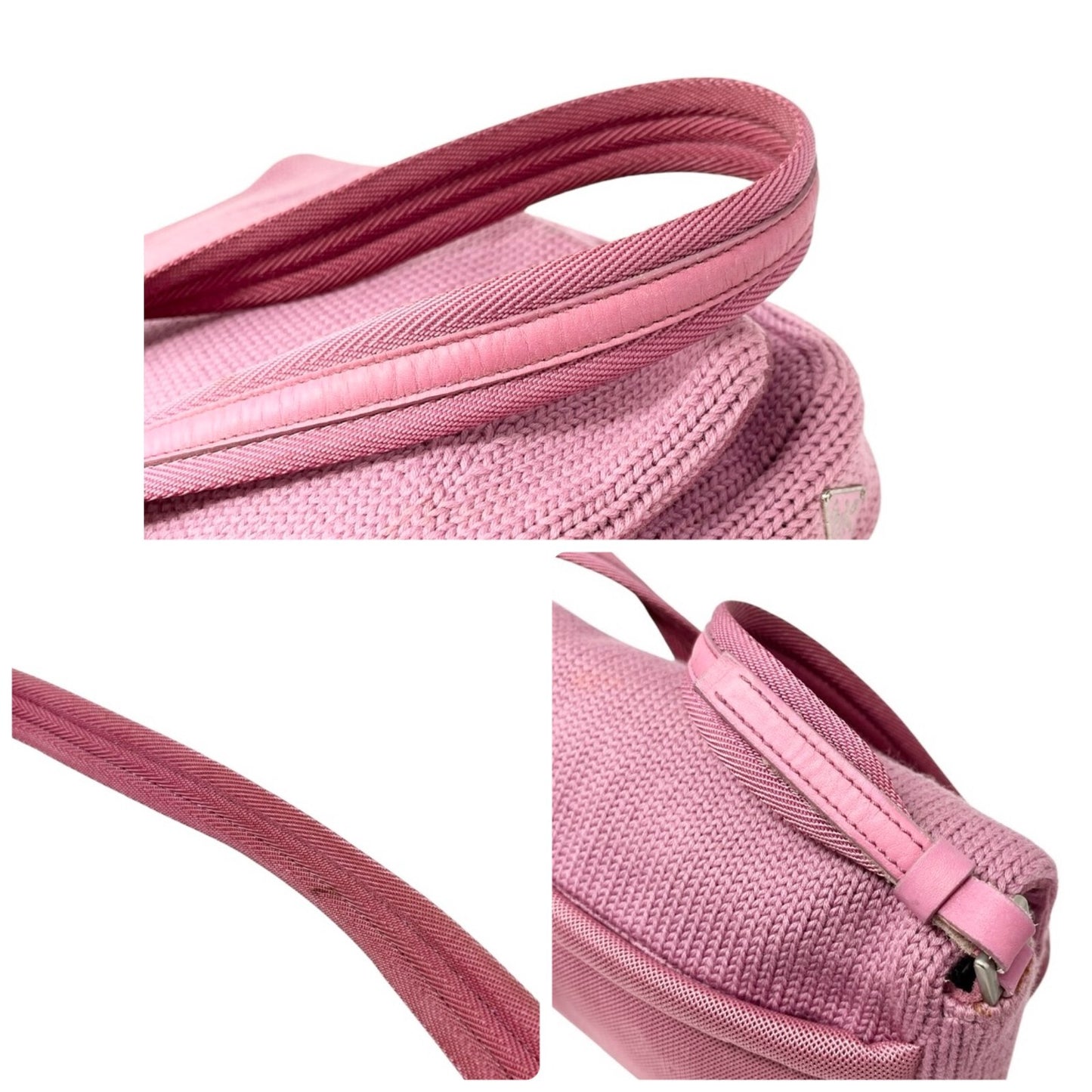 PRADA Vintage Logo Knit Shoulder Bag Pink Silver Cotton Nylon Zip