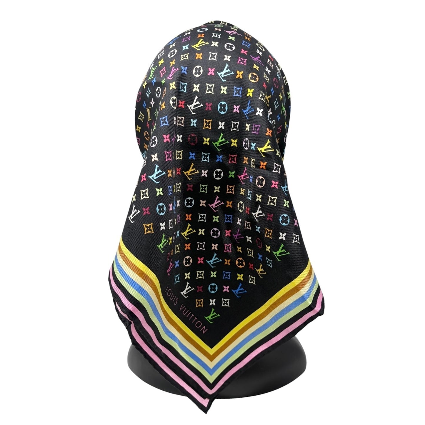LOUIS VUITTON Vintage LV Monogram Multicolor Scarf Wrap Top Black Silk 902576