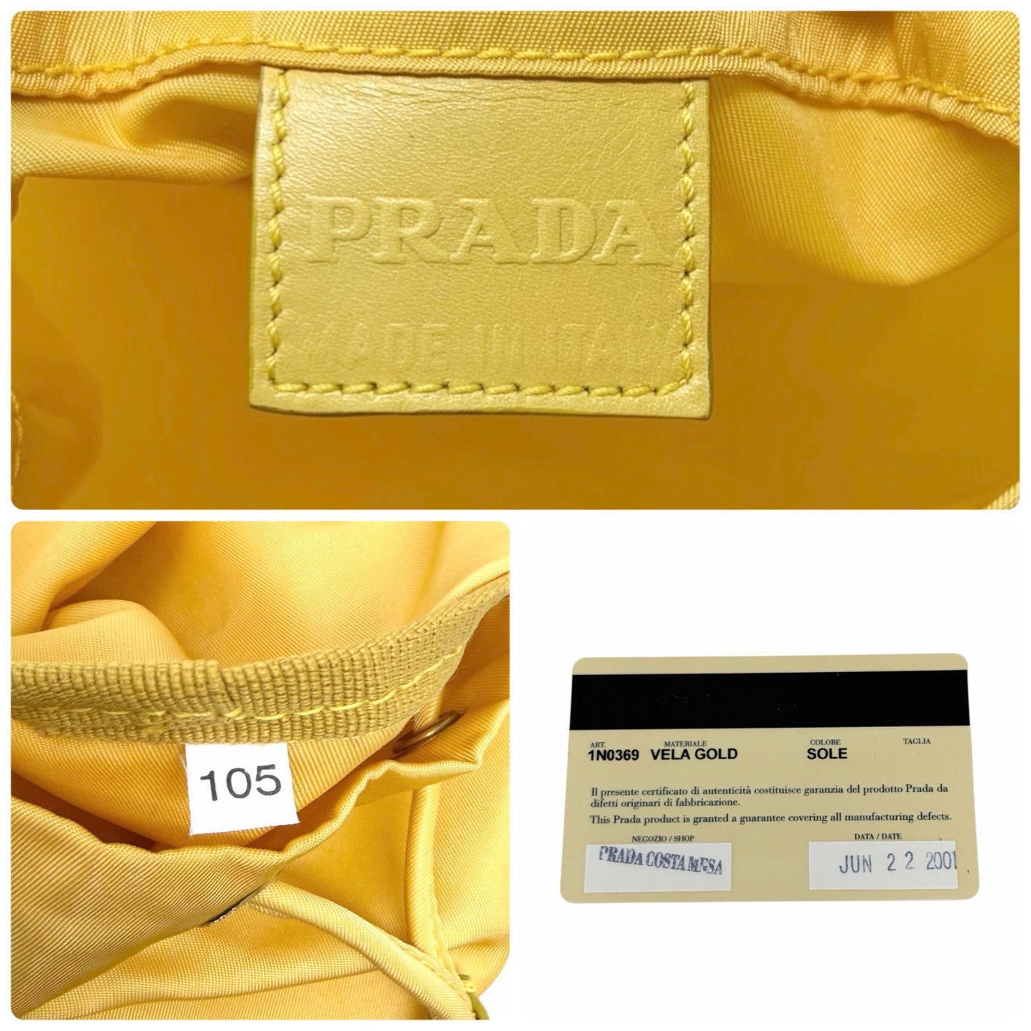 PRADA Vintage Triangle Logo Drawstring Bag Handbag Pouch Yellow Nylon