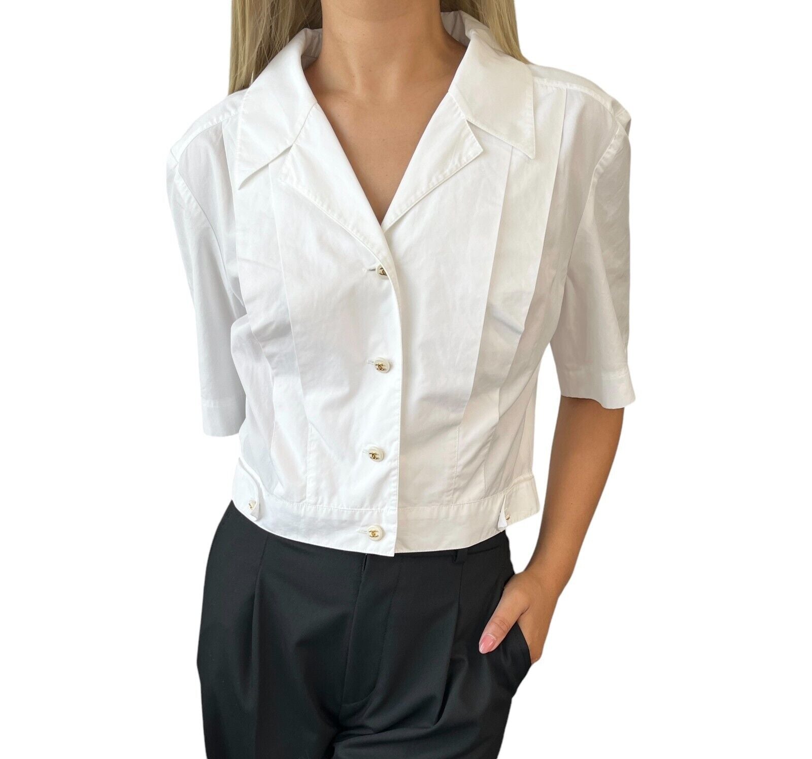 CHANEL Vintage CC Mark Button Cropped Shirt Top White Gold Cotton Rank AB+