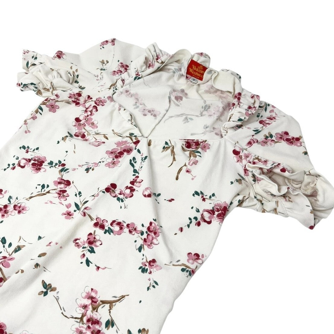 Vivienne Westwood Vintage Logo T-shirt Top #S White Pink Cotton Flower Frill