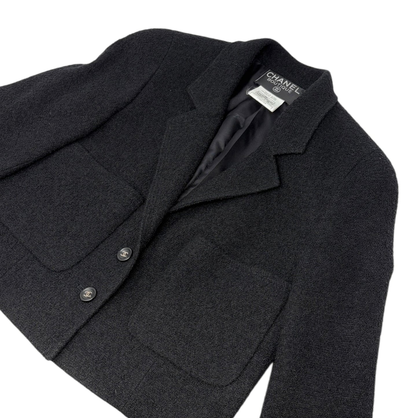 CHANEL Vintage 96P CC Logo Button Cropped Blazer Jacket #38 Black Silver