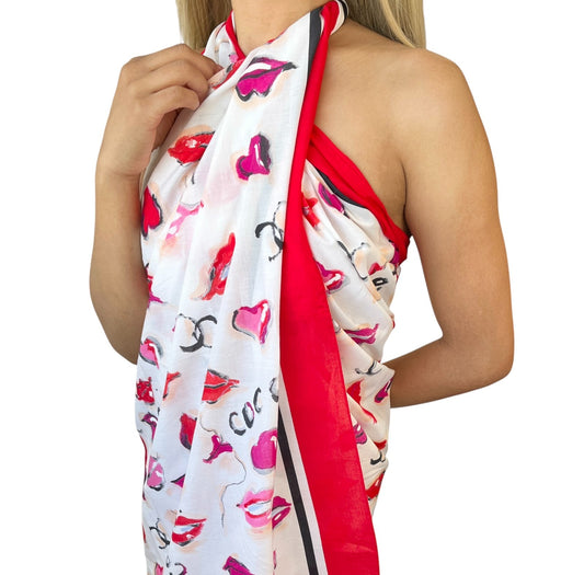 CHANEL Vintage CC Logo Lip Big Scarf Wrap Pareo White Multicolor Cotton