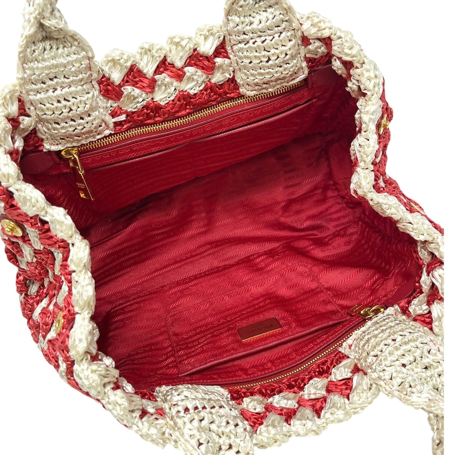 PRADA Vintage Triangle Logo Raffia Canapa Tote Bag Red White Crochet 902048