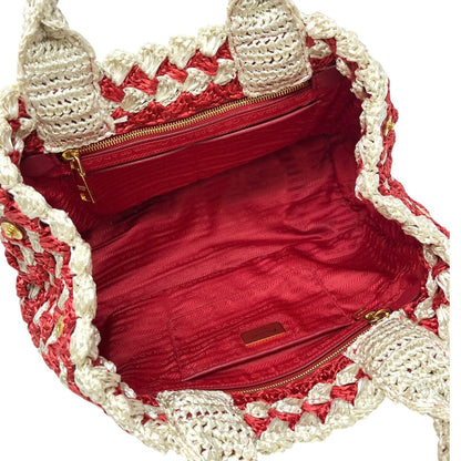 PRADA Vintage Triangle Logo Raffia Canapa Tote Bag Red White Crochet 902048