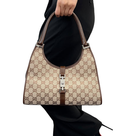 GUCCI Vintage Jackie GG Monogram Shoulder Bag Beige Brown Canvas 902460