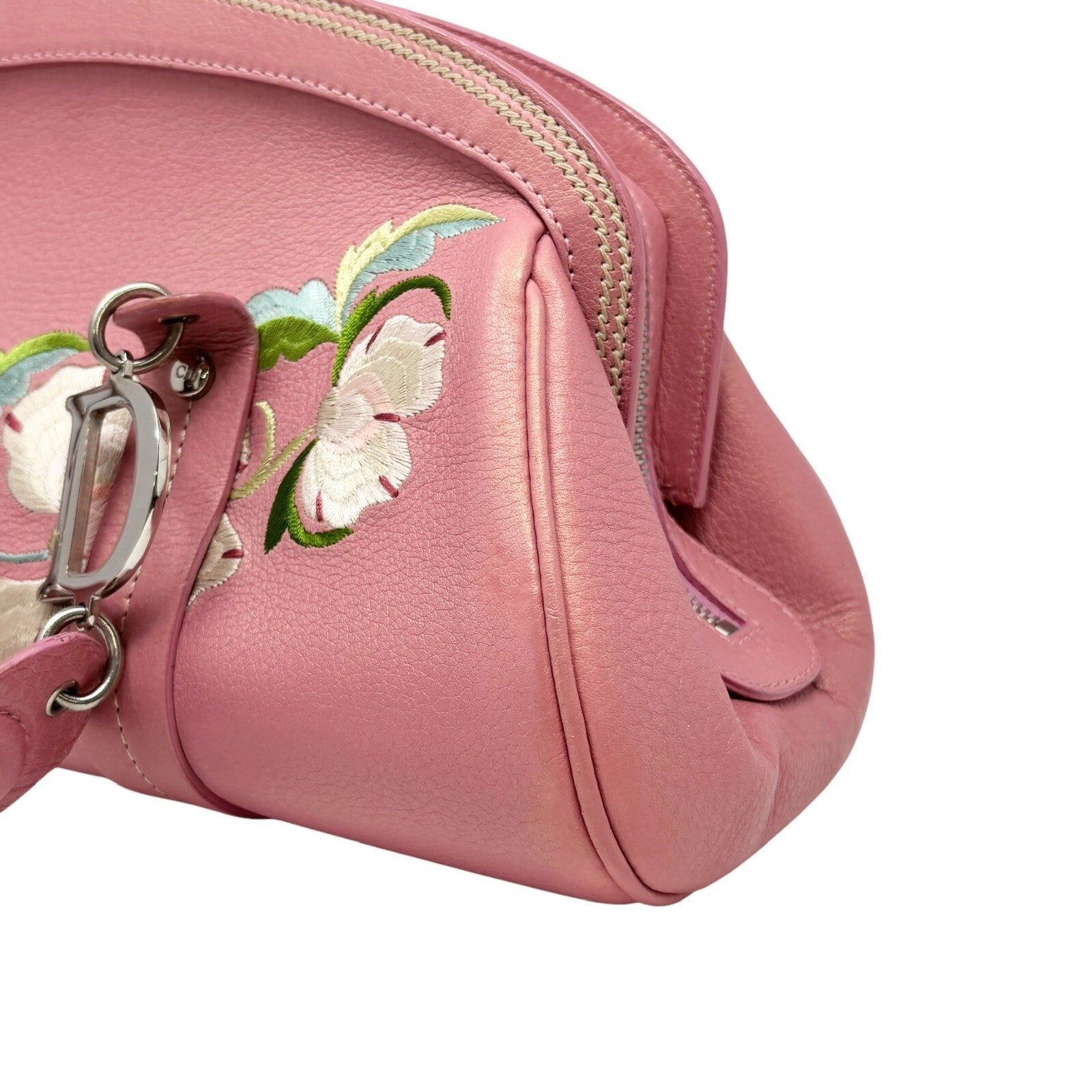 Christian Dior Vintage 2005 Logo Embroidered Mini Boston Bag Pink Silver Leather
