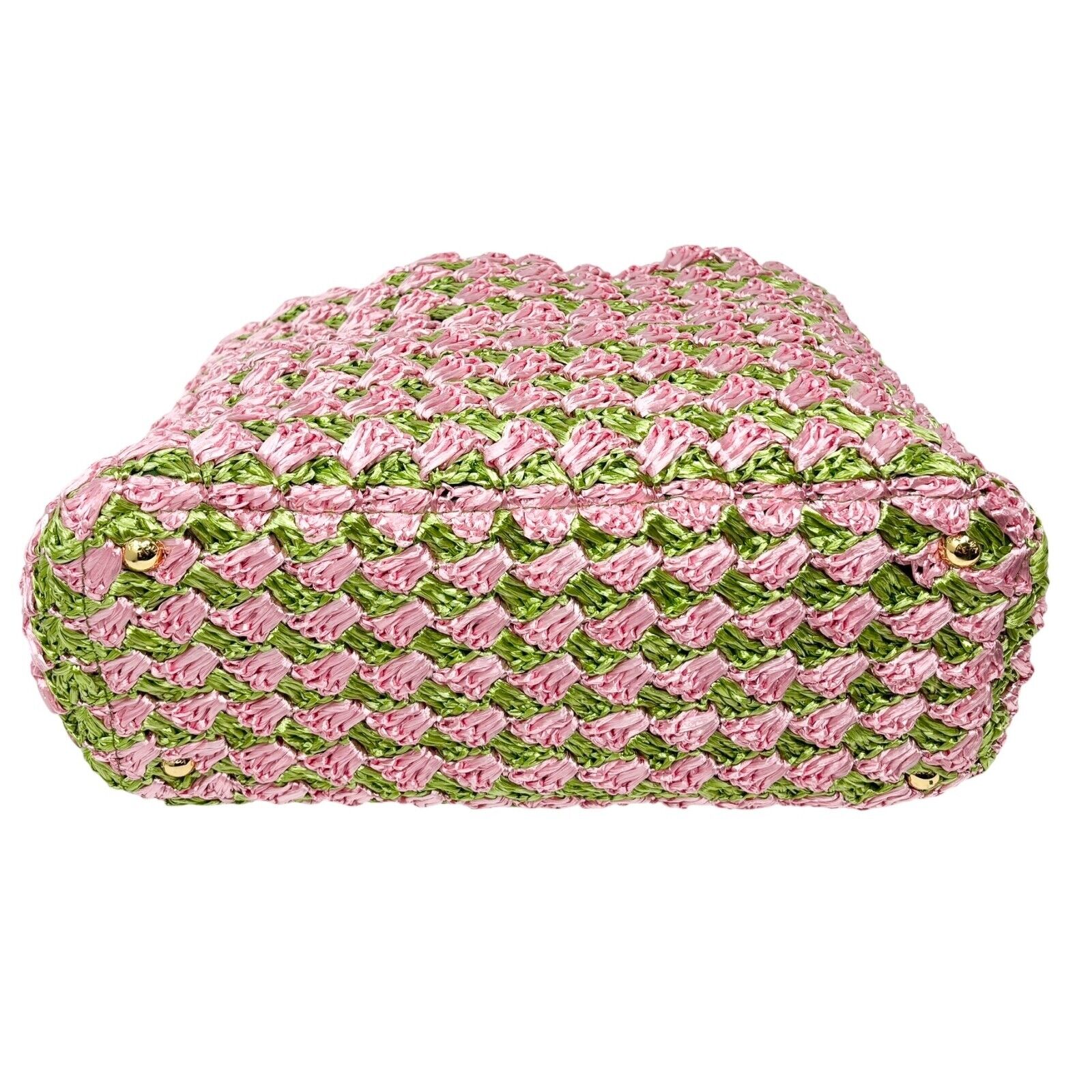 PRADA Vintage Logo Raffia Mini Tote Bag Pink Green Polyethylene Snap Button