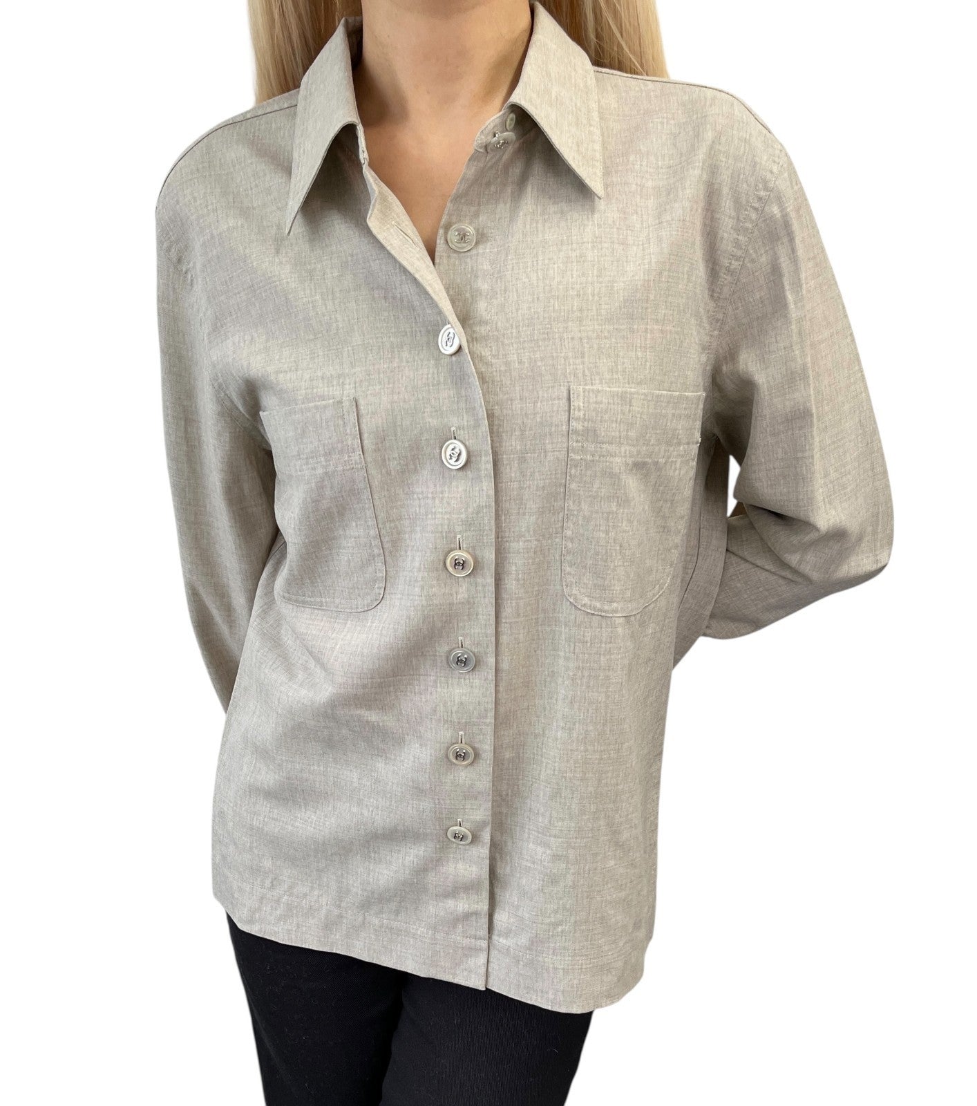 CHANEL Vintage CC Logo Button Up Shirt Blouse Top Beige Front Pocket Wool