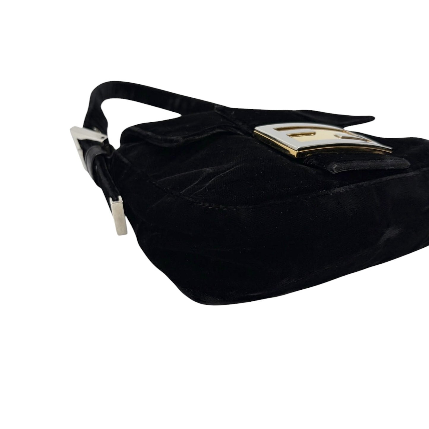FENDI Vintage FF Logo Mamma Baguette Shoulder Bag Black Silver Velour 902207