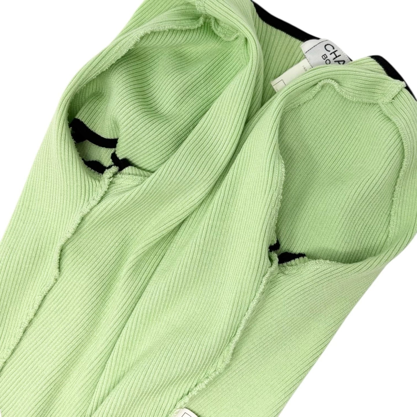 CHANEL Vintage 95P CC Logo Button Knit Cropped Ribbed T-shirt #38 Green Cotton