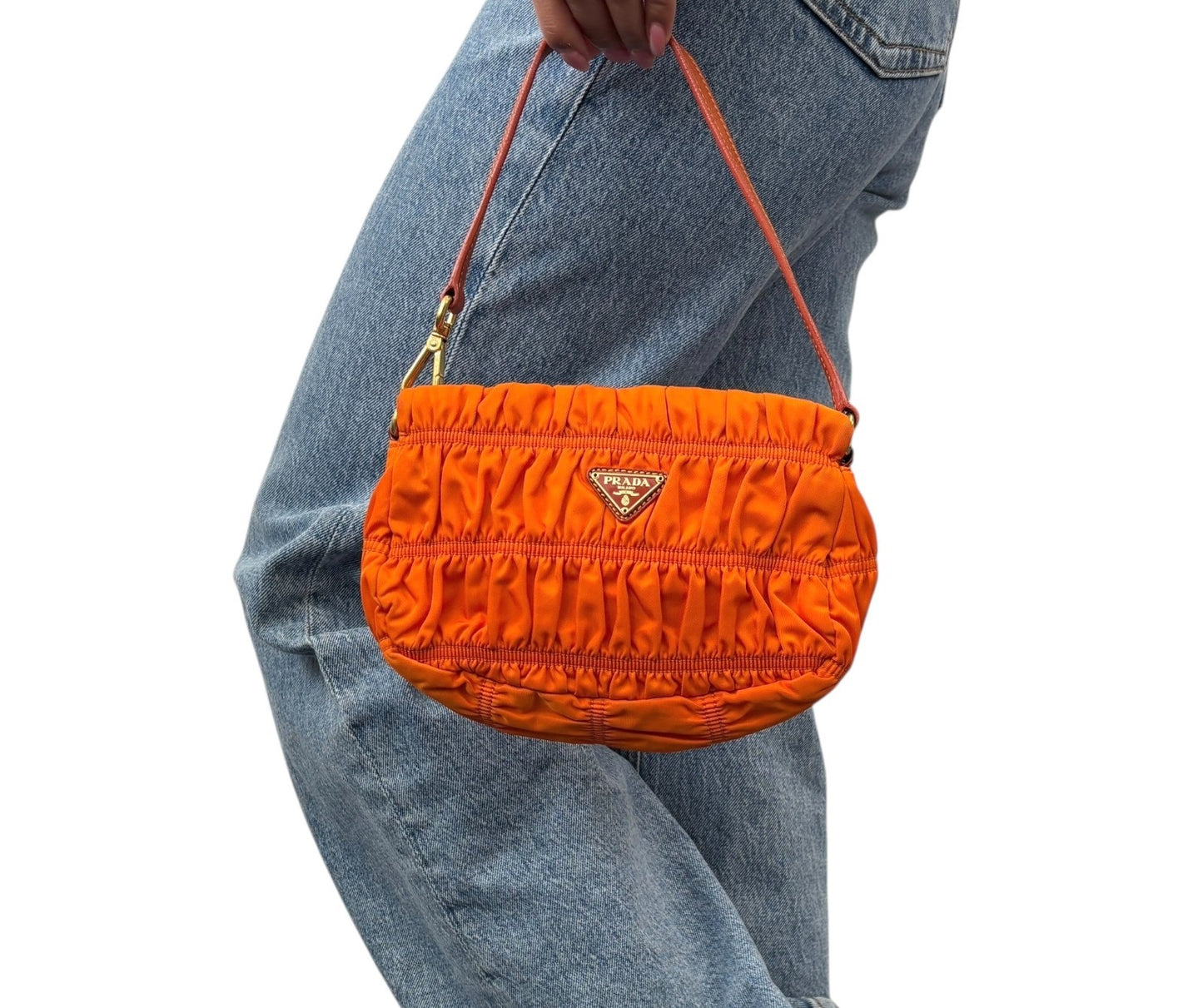 PRADA Vintage Logo Tessuto Gaufre Pochette Shoulder Nylon Bag Orange Gold