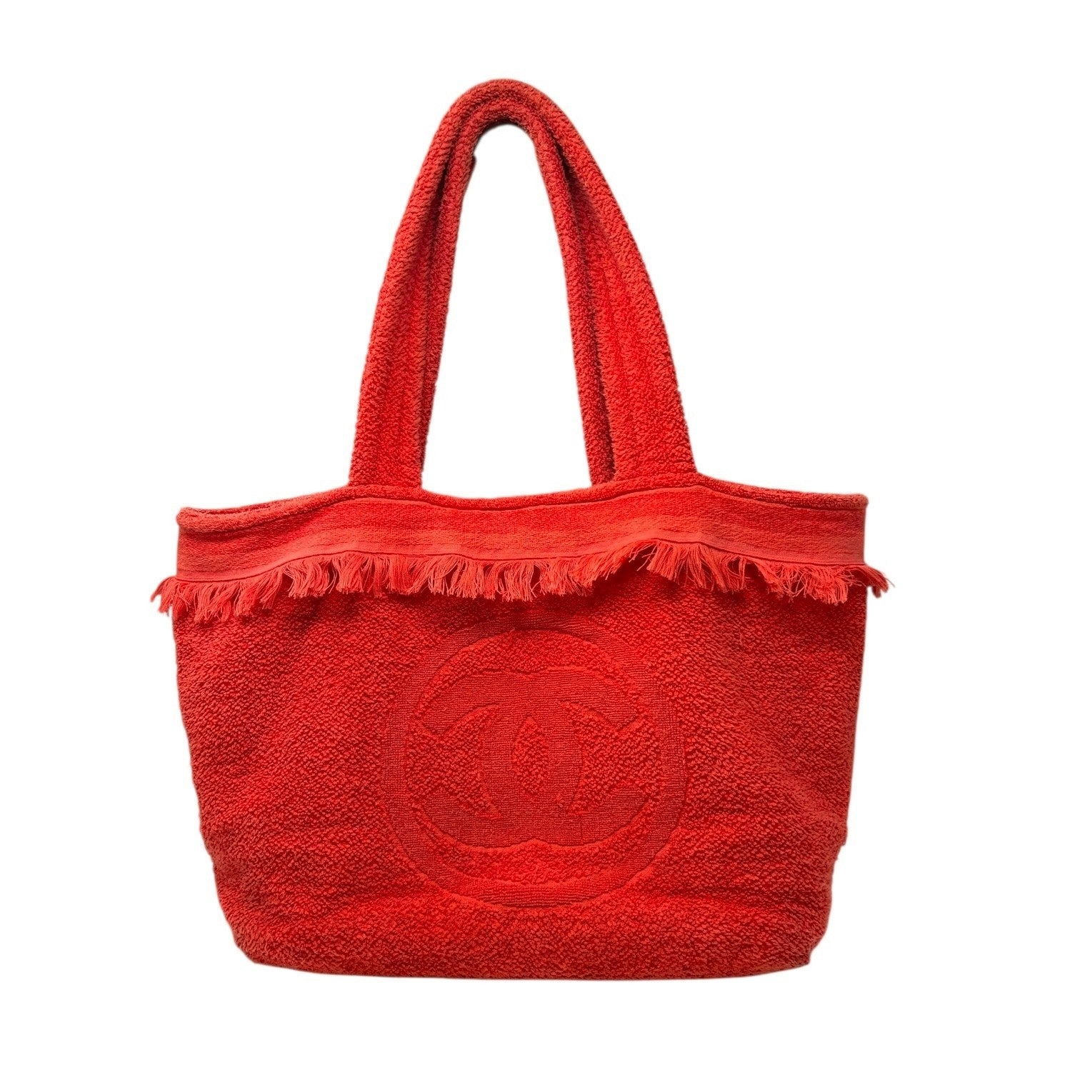 CHANEL Vintage CC Logo Beach Tote Shoulder Bag Red Cotton Terry Cloth Fringe