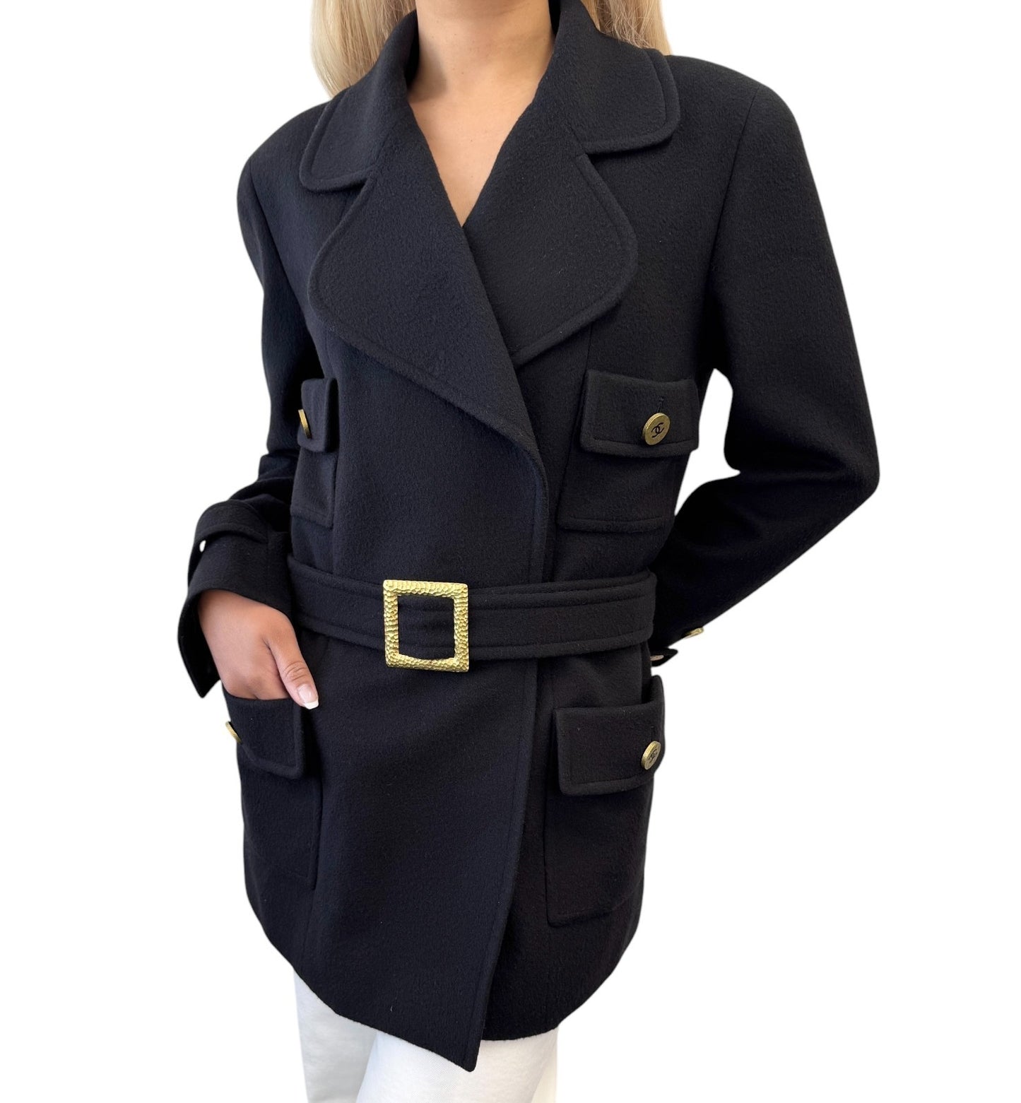CHANEL Vintage CC Logo Button Cashmere Coat Jacket Belt Black Gold