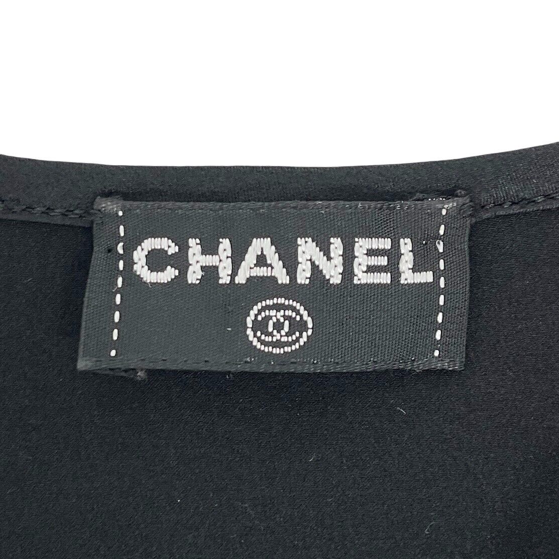 CHANEL Vintage CC Logo Button Short Sleeve Top Black Gold Silk Rank AB