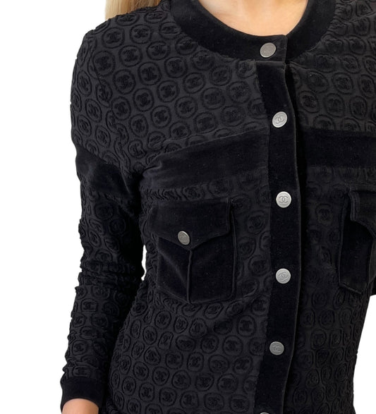 CHANEL Vintage P41364 CC Logo Button Velour Knit Cardigan Jacket #34 Black