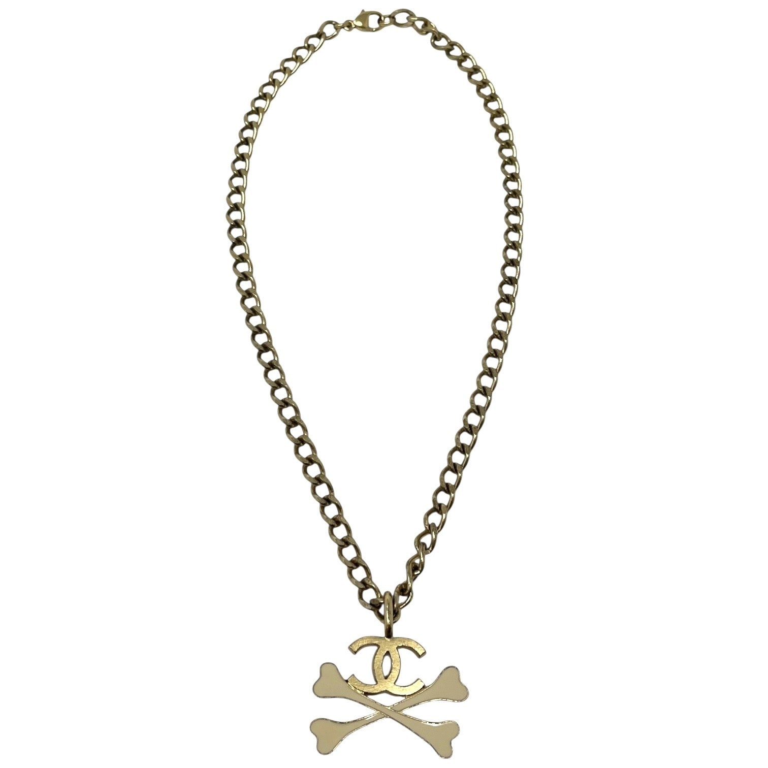 CHANEL Vintage 03P CC Mark Logo Enamel Crossbones Pendant Necklace Gold Metal