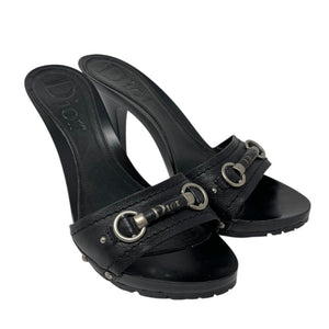 Christian Dior Vintage Logo Sandals Heels Mules #37.5-38 Black Silver Plastic