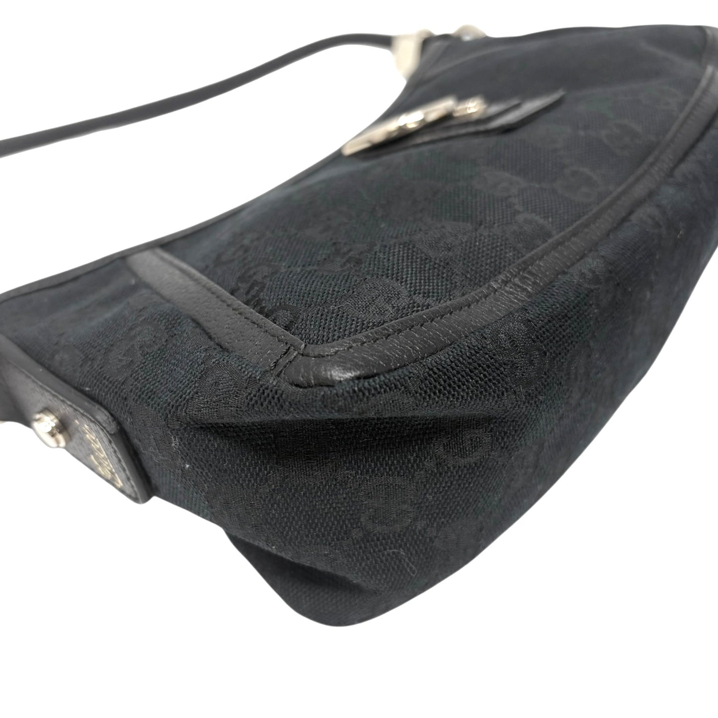 GUCCI Vintage GG Monogram Abbey Canvas Shoulder Bag Dark Blue Black Gold