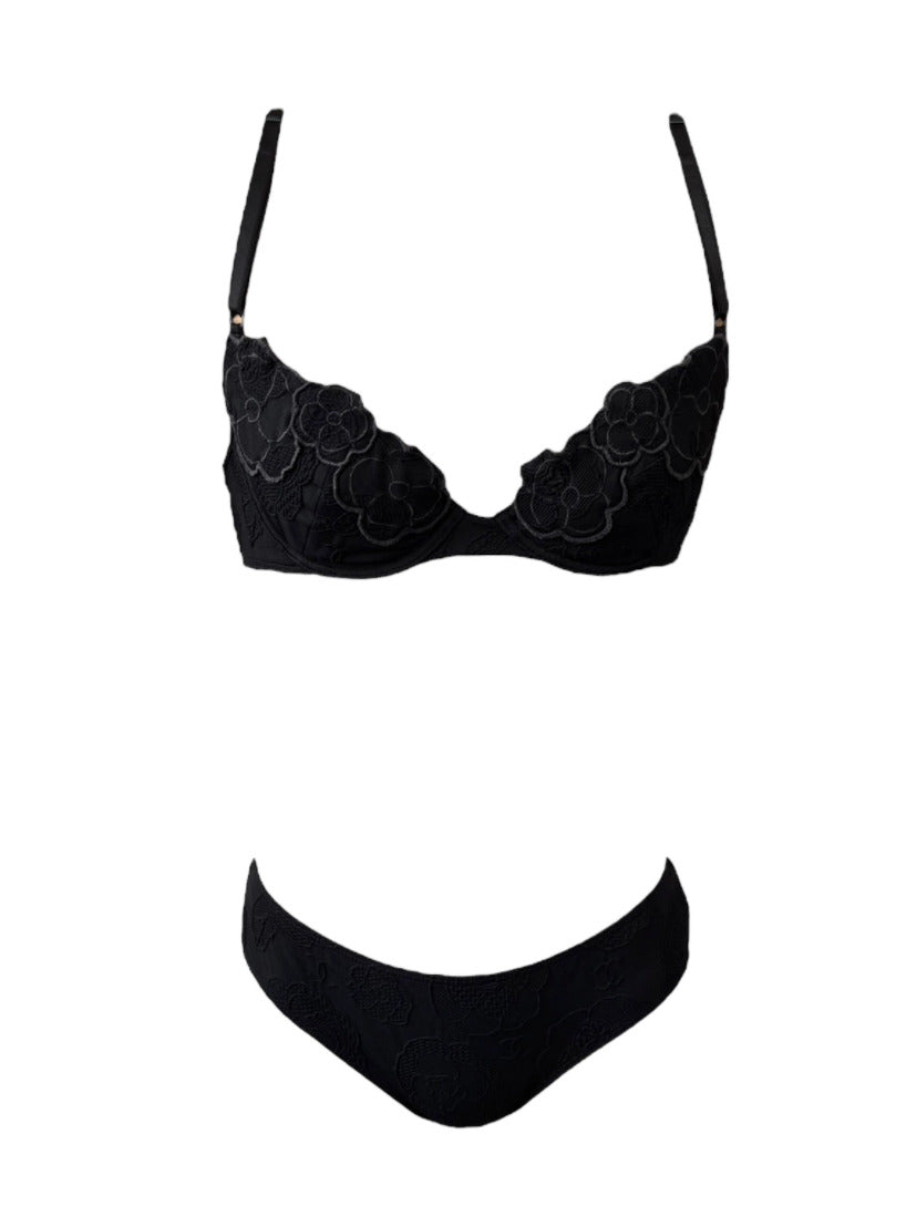 CHANEL Vintage 98P Coco Mark Camellia Swimwear Bikini #38 Black Nylon RankAB