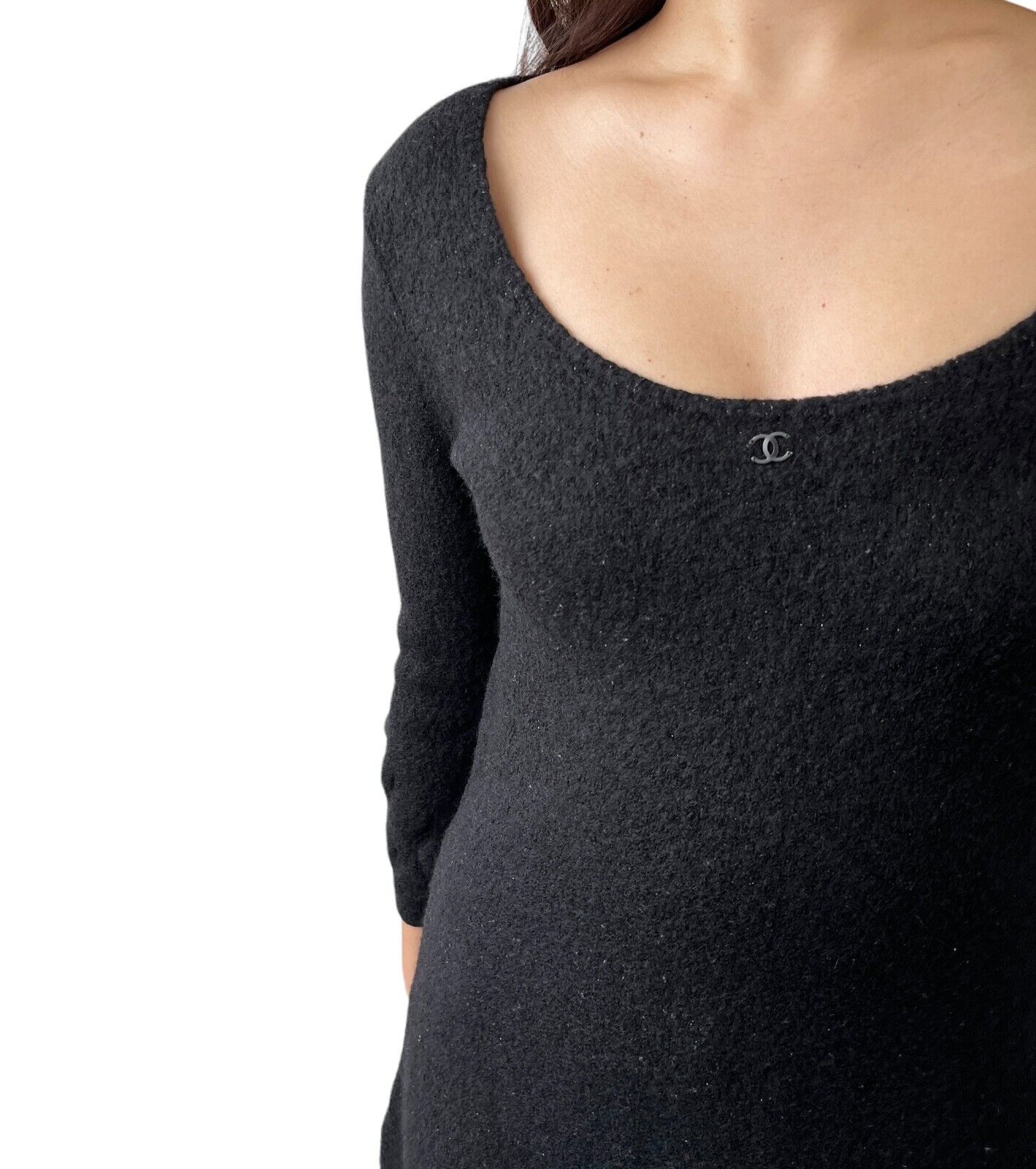 CHANEL Vintage 00A Coco Mark Logo Sweater #42 Tunic Top Black Wool Knit RankAB