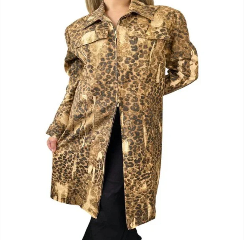 Christian Dior Vintage 2000 Logo Leopard Denim Jacket Coat #38 Brown Cotton