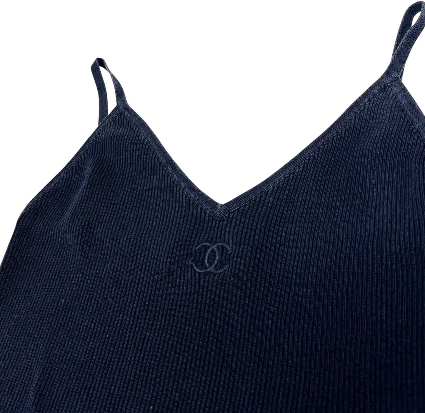 CHANEL Vintage CC Logo Camisole Top #40 Rib Knit Pullover Dark Blue Cotton