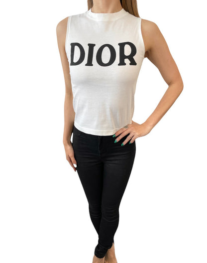 Christian Dior Vintage Big Logo Tank Top No.2 White Black #M Cotton 902305