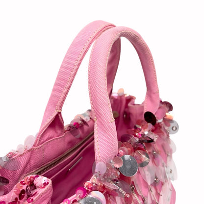 PRADA Vintage Triangle Logo Canapa Sequin Beads Hand bag Pink Canvas 902371