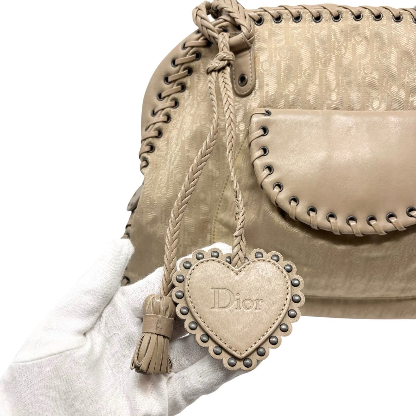 Christian Dior Vintage Trotter Monogram Canvas Ethnic Shoulder Bag Beige Heart