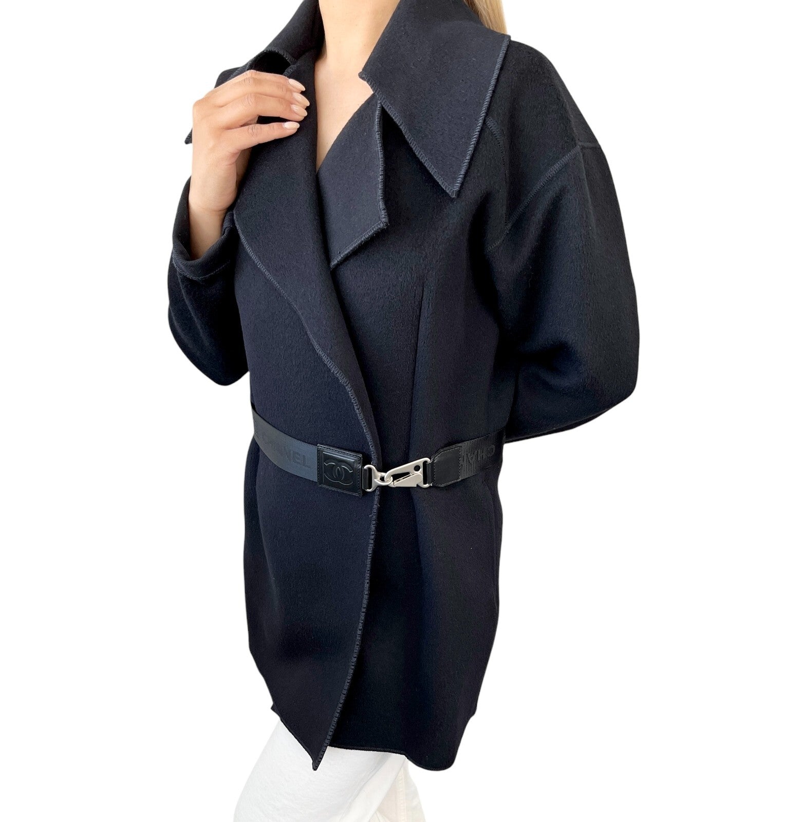 CHANEL Sport Vintage 04A CC Mark Logo Coat Jacket #36 Belt Black Silver Wool