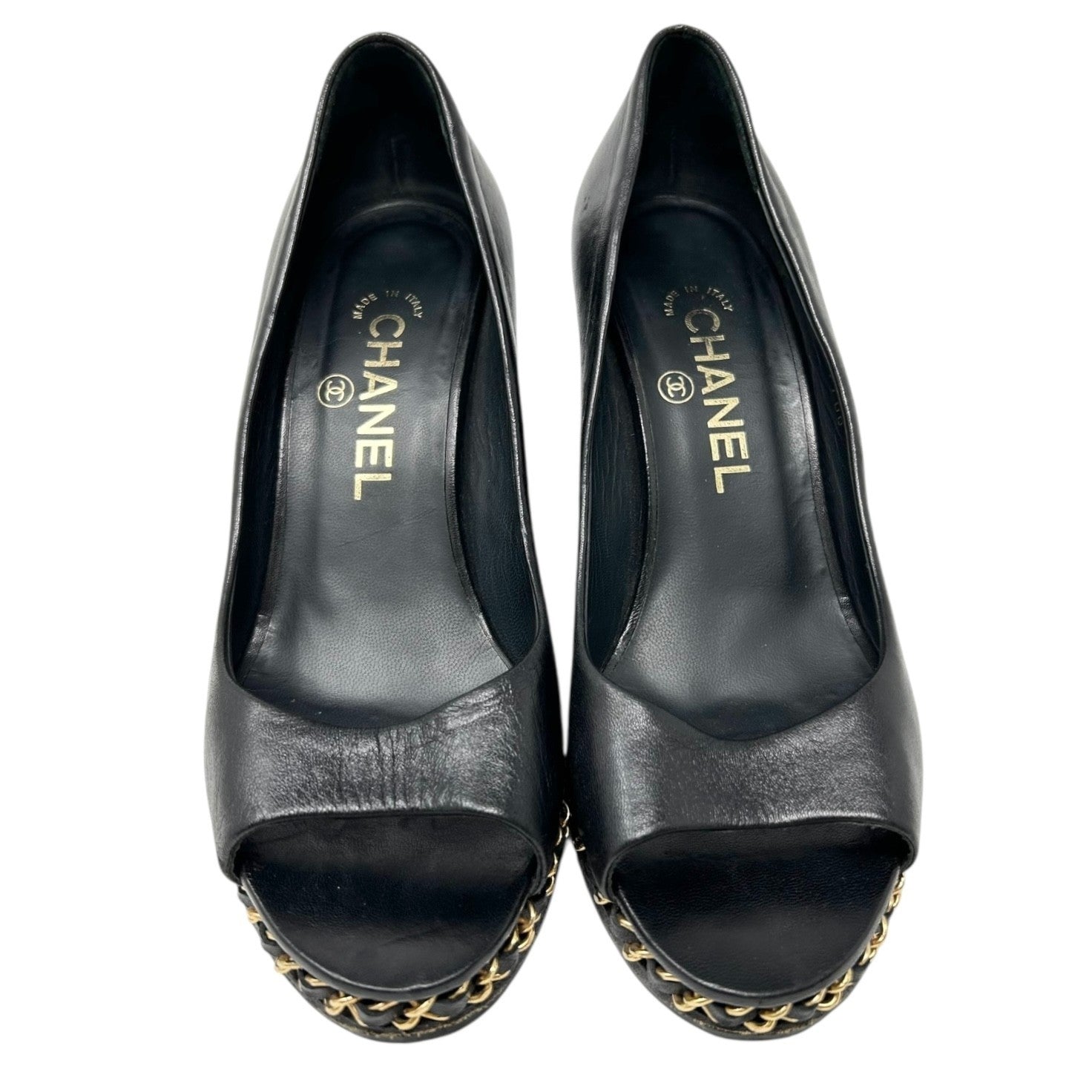 CHANEL Vintage CC Logo Open Toe Chain Sandals #37-37.5 Black Wedge Heels