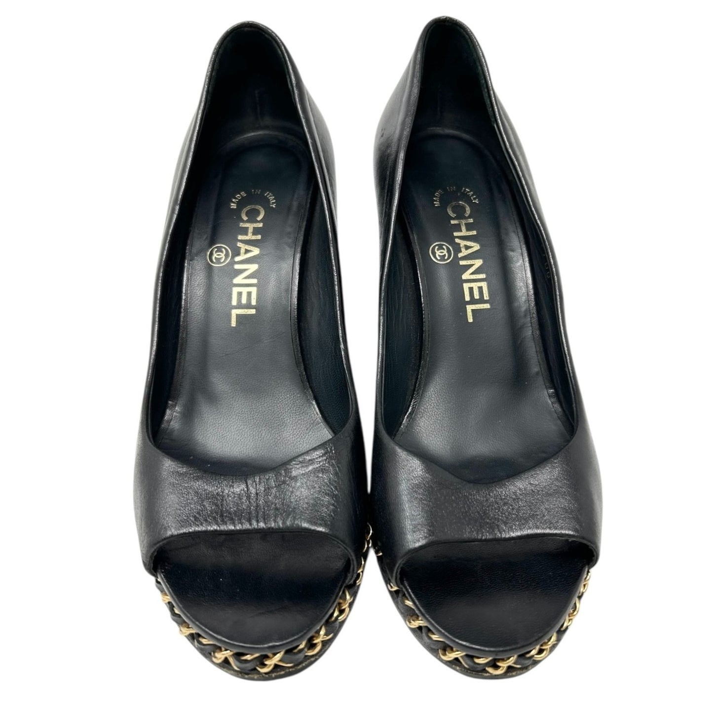 CHANEL Vintage CC Logo Open Toe Chain Sandals #37-37.5 Black Wedge Heels