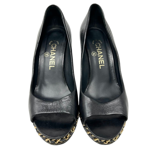 CHANEL Vintage CC Logo Open Toe Chain Sandals #37-37.5 Black Wedge Heels